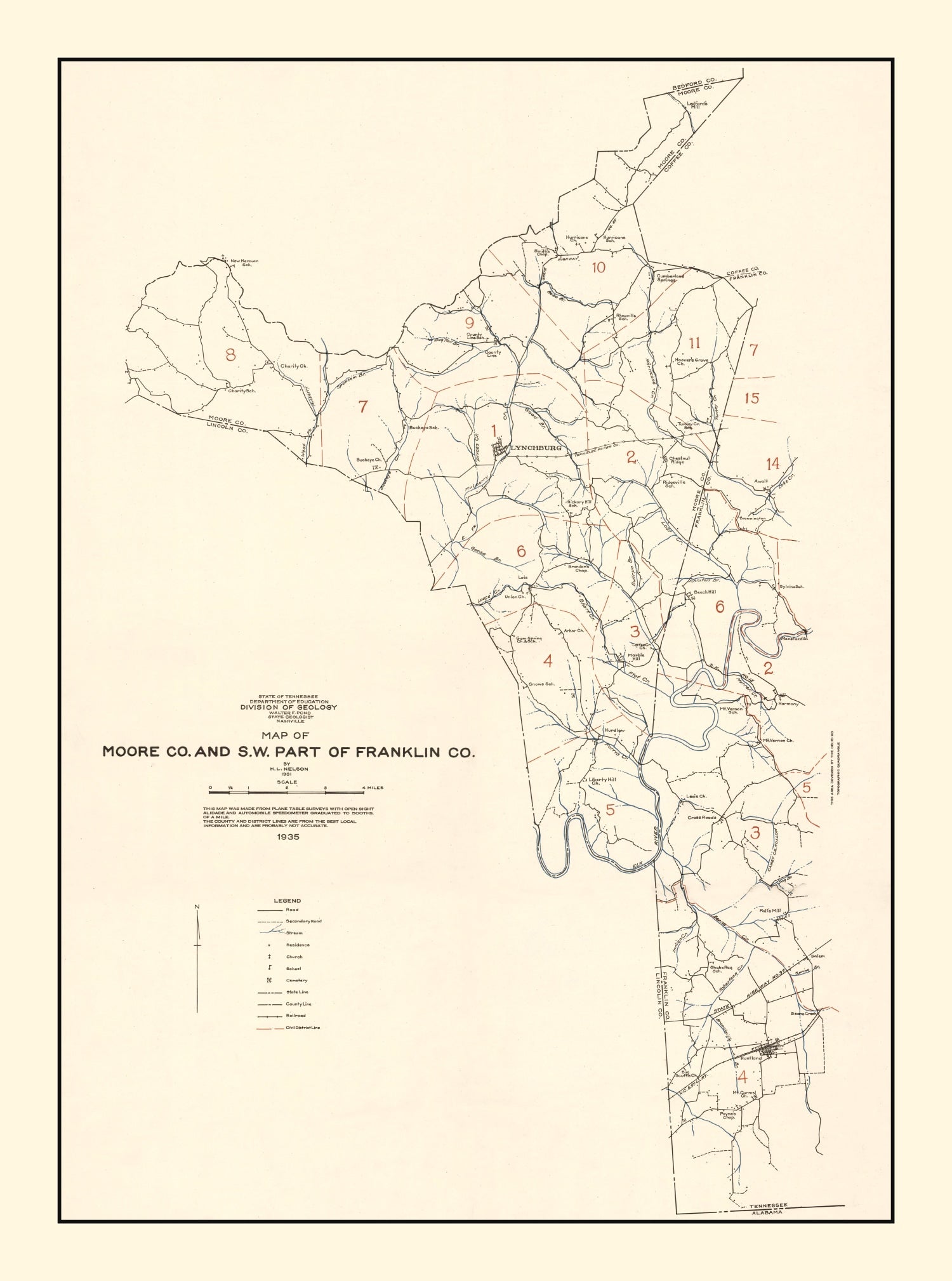 Vintage Map of Moore County, Tennessee 1935