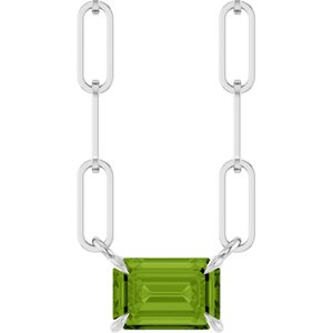 14K White 6x4 mm Natural Peridot Solitaire 18" Necklace