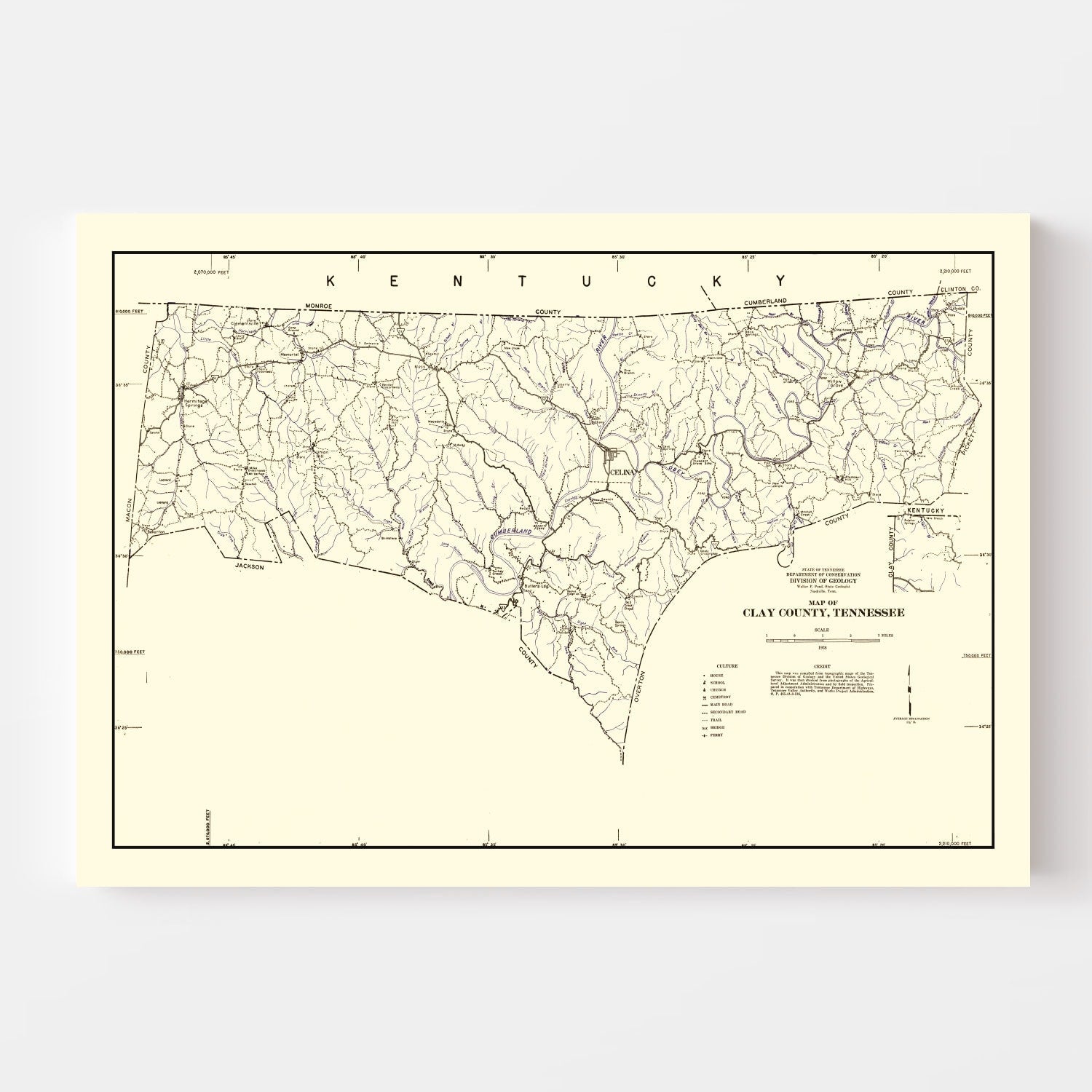 Vintage Map of Clay County, Tennessee 1938