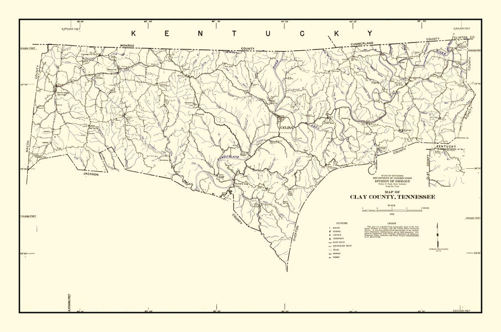 Vintage Map of Clay County, Tennessee 1938