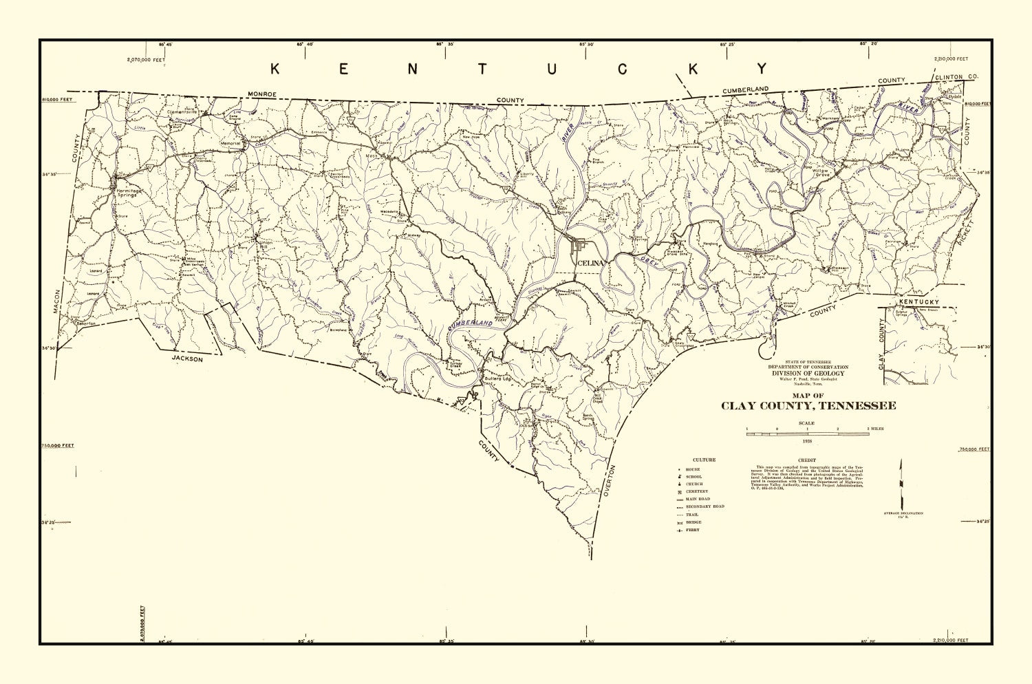 Vintage Map of Clay County, Tennessee 1938