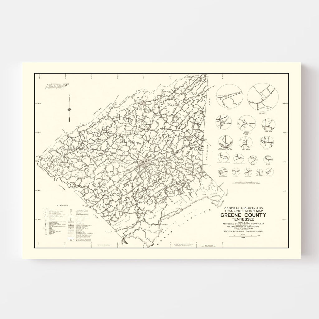 Vintage Map of Greene County, Tennessee 1938