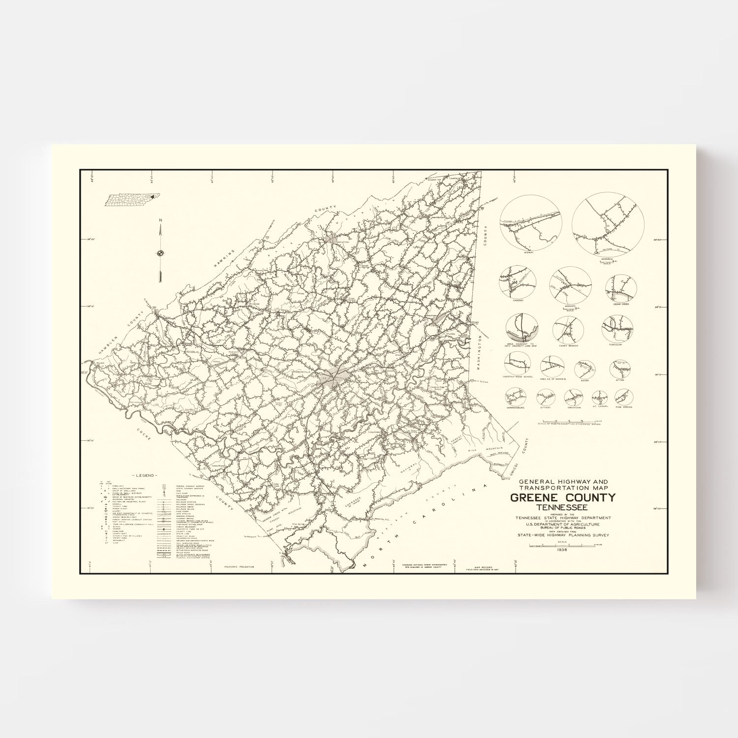 Vintage Map of Greene County, Tennessee 1938