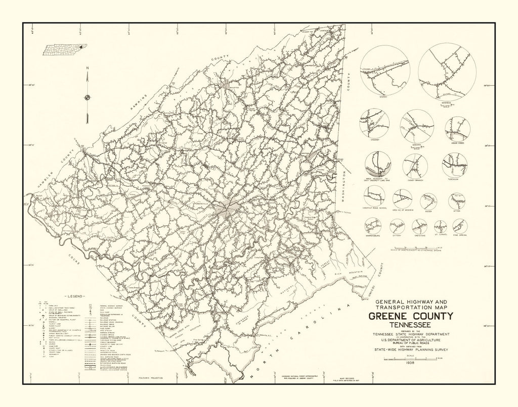 Vintage Map of Greene County, Tennessee 1938