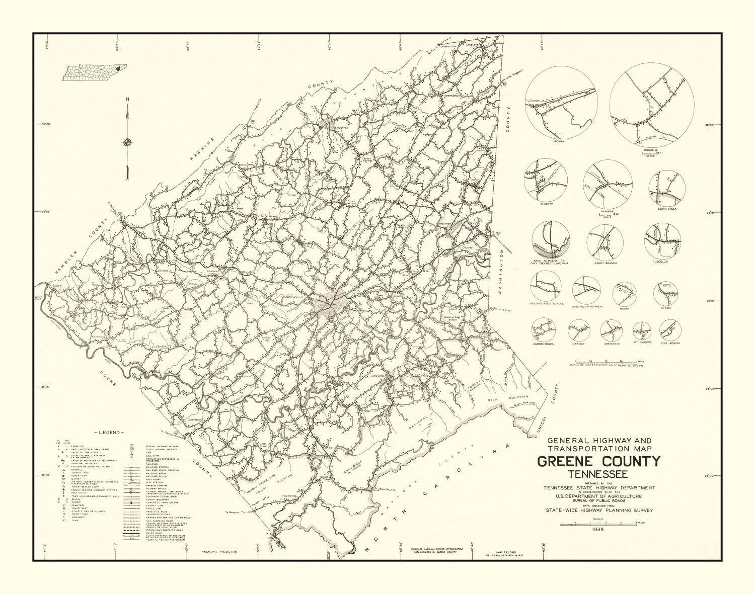 Vintage Map of Greene County, Tennessee 1938