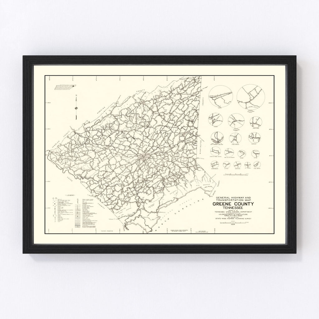 Vintage Map of Greene County, Tennessee 1938