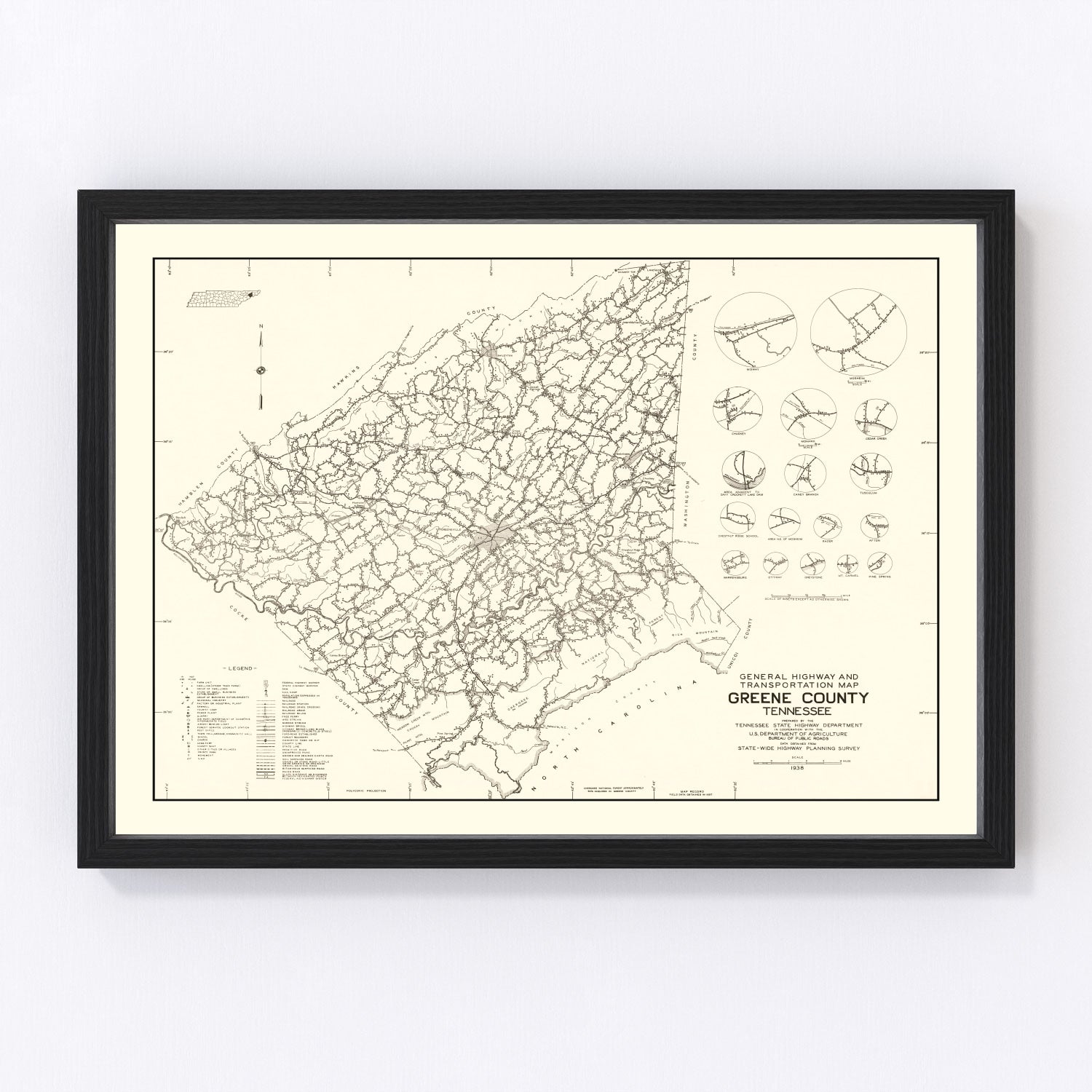 Vintage Map of Greene County, Tennessee 1938