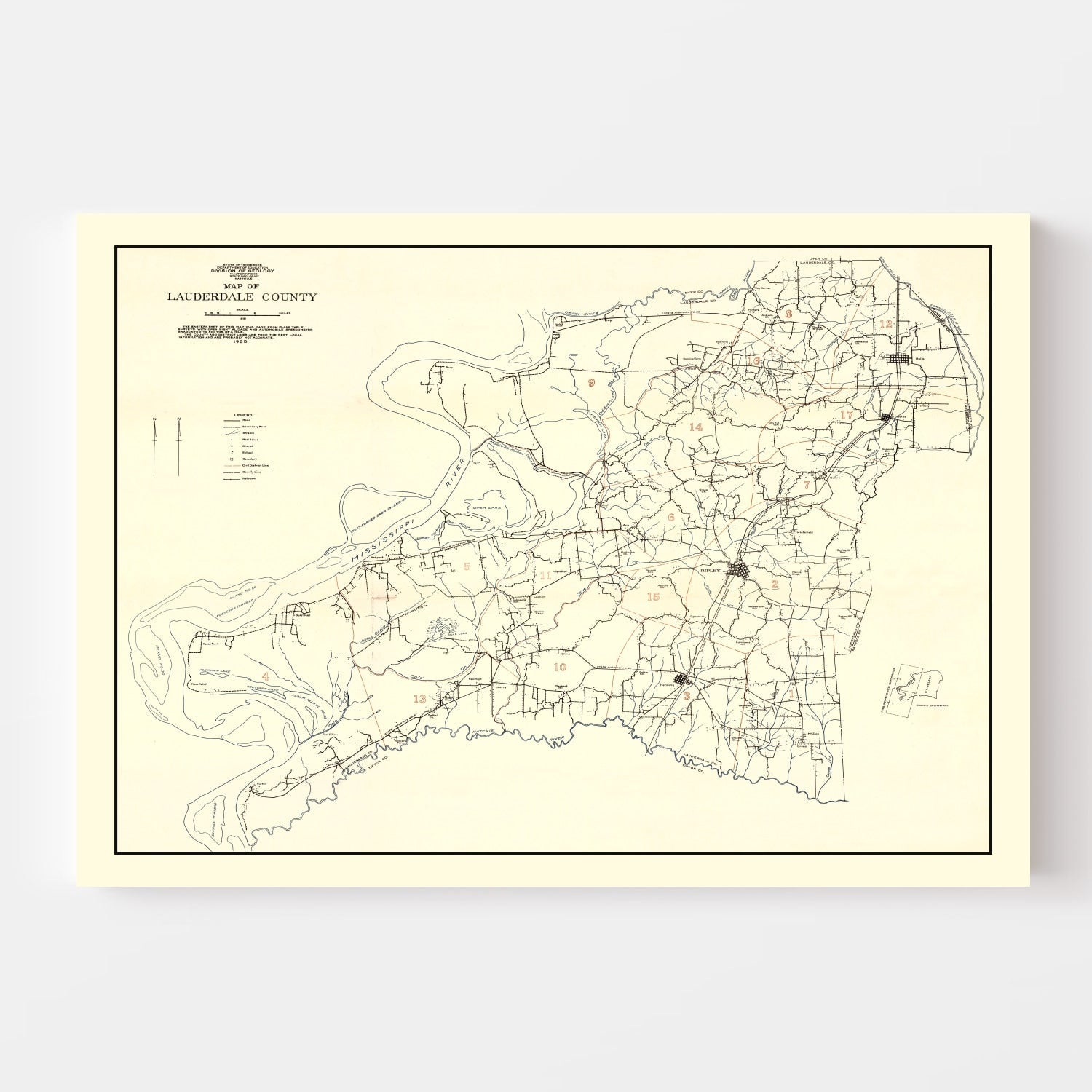 Vintage Map of Lauderdale County, Tennessee 1935