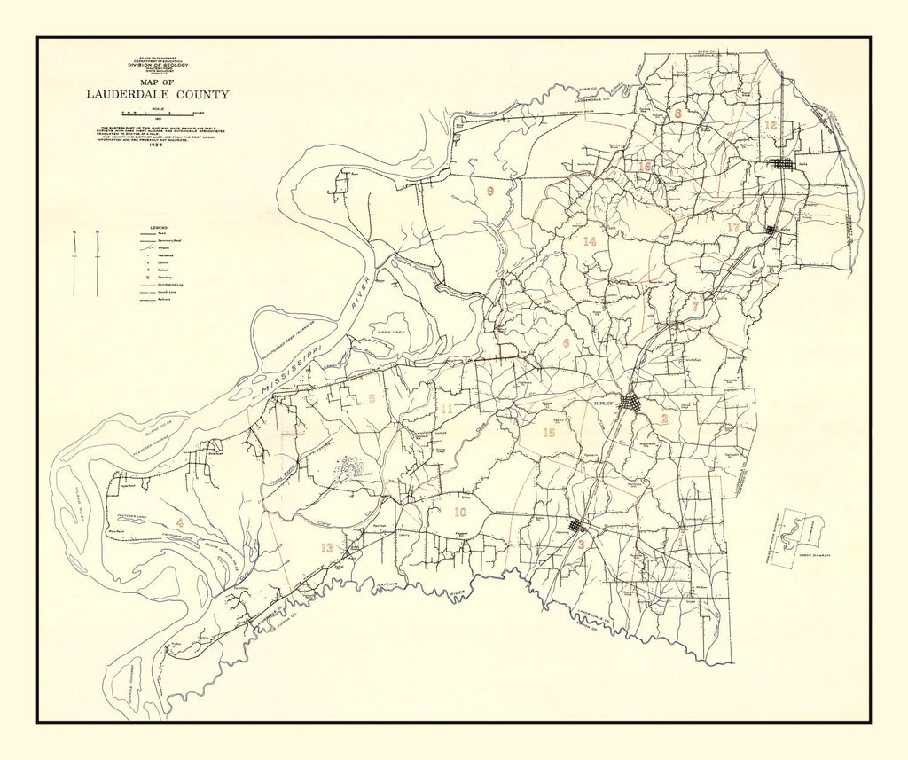 Vintage Map of Lauderdale County, Tennessee 1935
