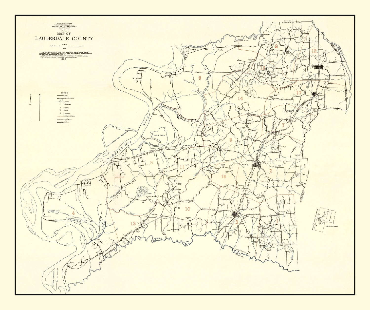 Vintage Map of Lauderdale County, Tennessee 1935