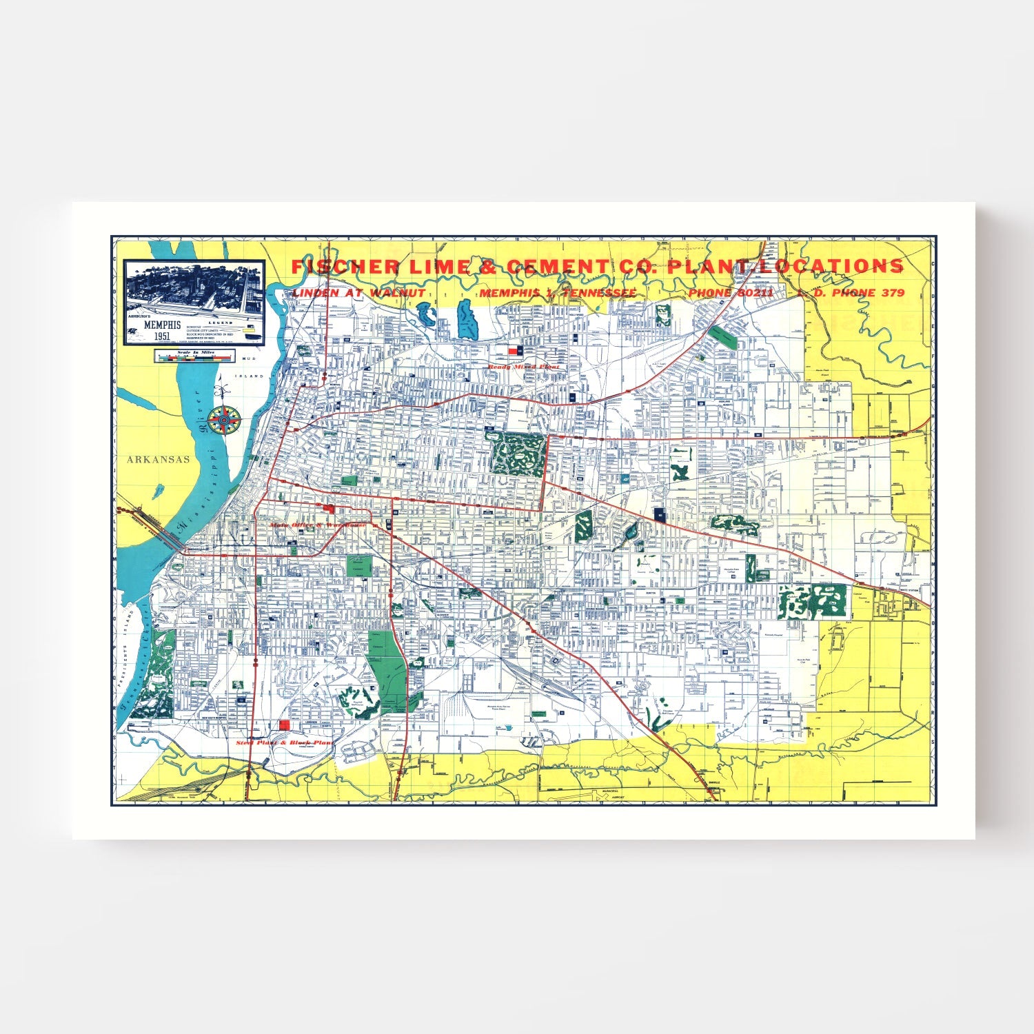 Vintage Map of Memphis, Tennessee 1951