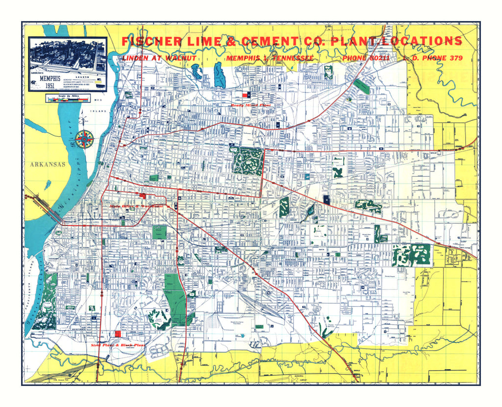 Vintage Map of Memphis, Tennessee 1951