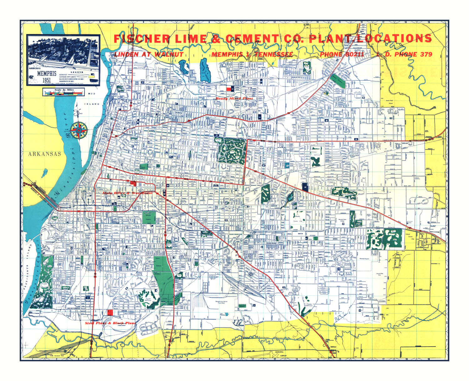 Vintage Map of Memphis, Tennessee 1951
