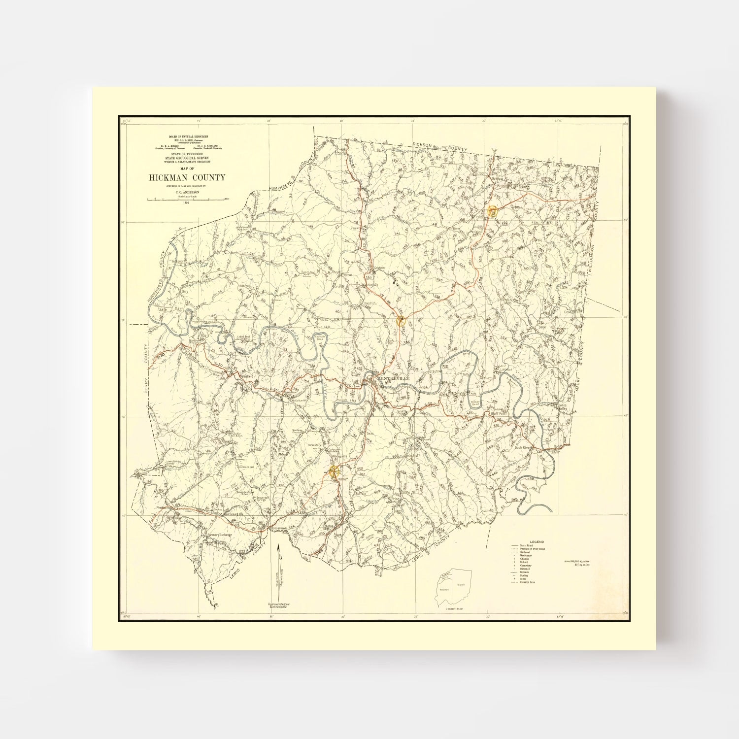 Vintage Map of Hickman County, Tennessee 1926
