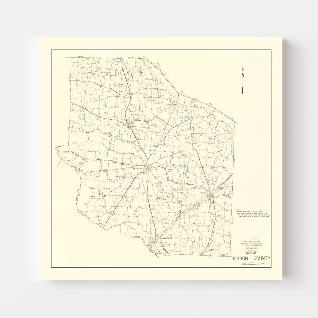 Vintage Map of Gibson County, Tennessee 1937