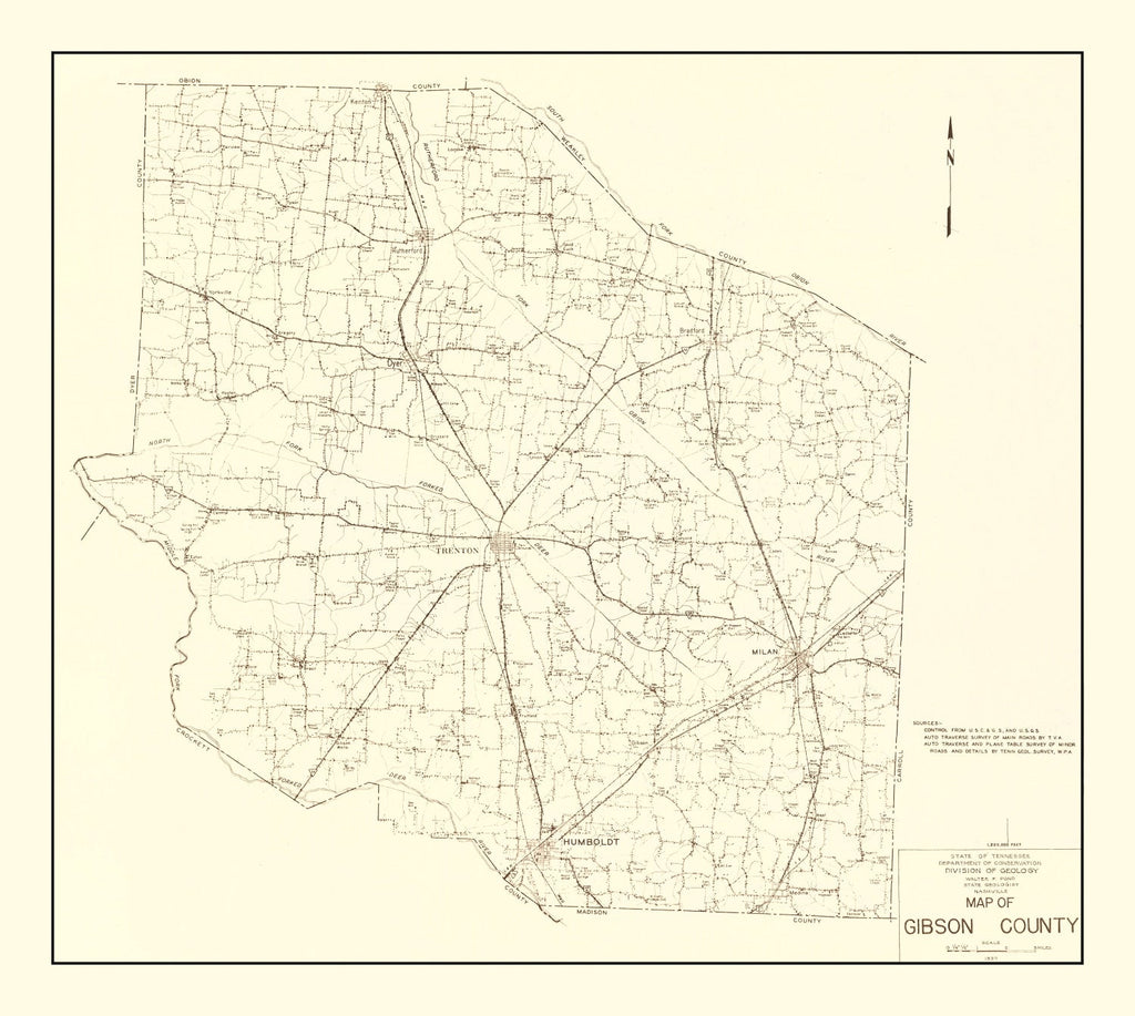 Vintage Map of Gibson County, Tennessee 1937