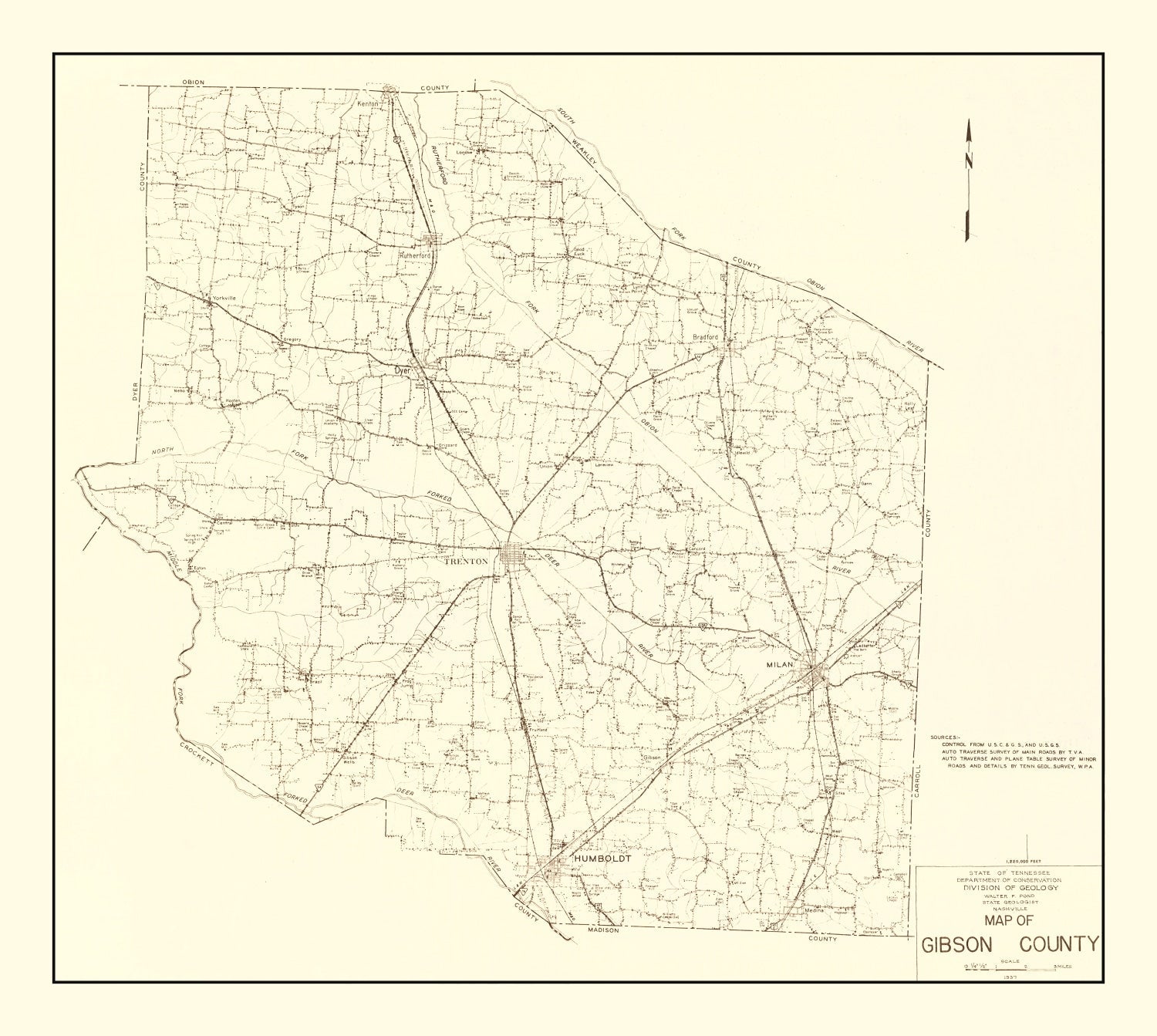 Vintage Map of Gibson County, Tennessee 1937