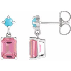 14K White Gold Natural Pink Tourmaline & Natural Turquoise Earrings