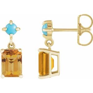 14K Yellow Gold Natural Citrine & Natural Turquoise  Earrings