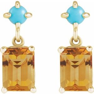 14K Yellow Gold Natural Citrine & Natural Turquoise  Earrings