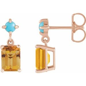14K Rose Gold Natural Citrine & Natural Turquoise  Earrings