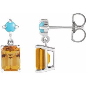 14K White Gold Natural Citrine & Natural Turquoise  Earrings