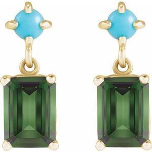 14K Yellow Gold Natural Green Tourmaline & Natural Turquoise Earrings