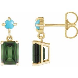 14K Yellow Gold Natural Green Tourmaline & Natural Turquoise Earrings