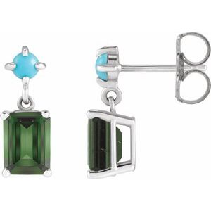 Platinum Natural Green Tourmaline & Natural Turquoise Earrings