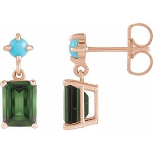14K Rose Gold Natural Green Tourmaline & Natural Turquoise Earrings
