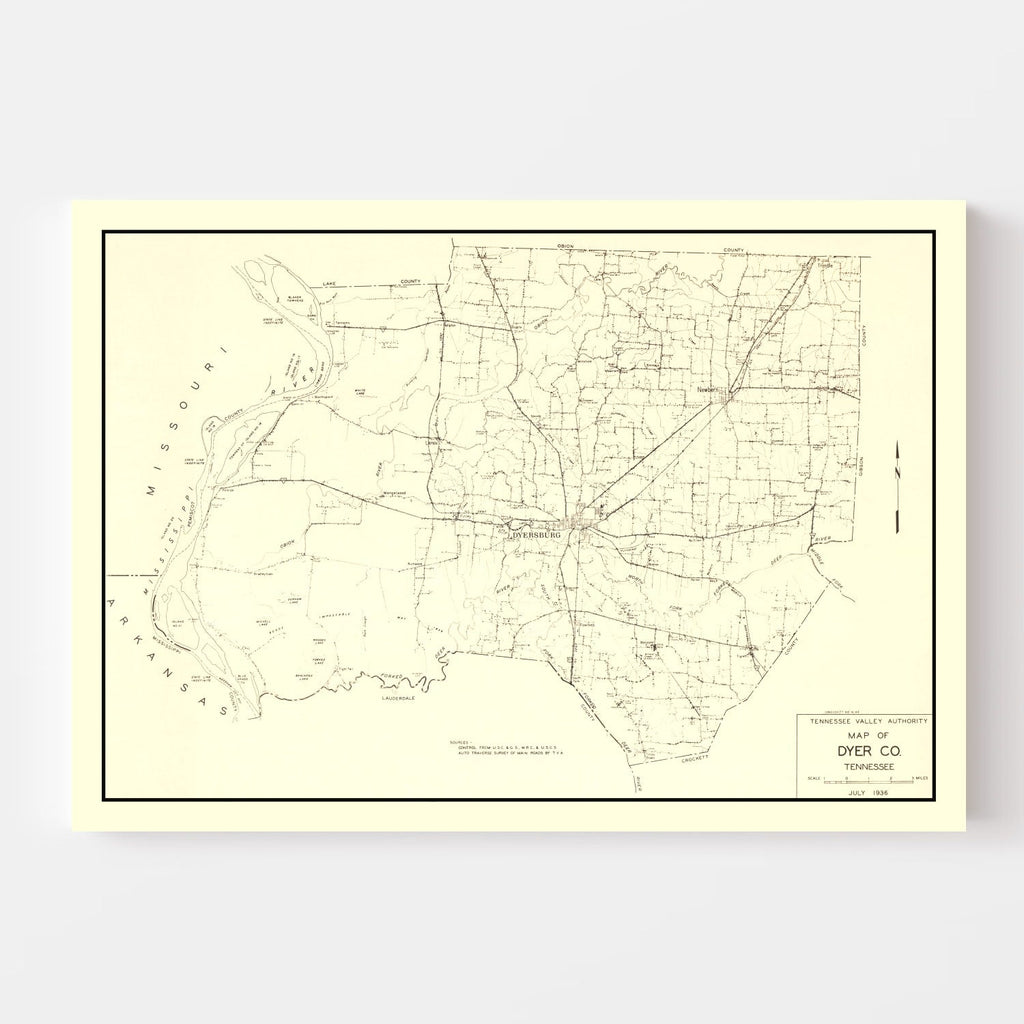 Vintage Map of Dyer County, Tennessee 1936
