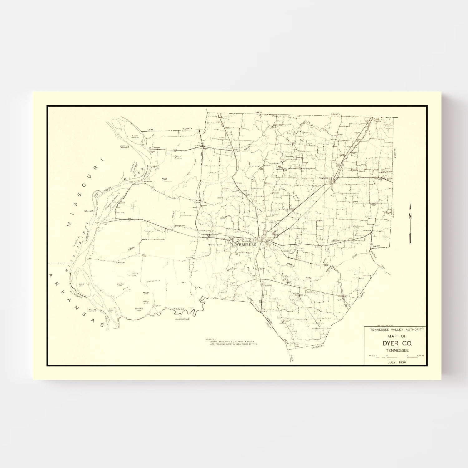 Vintage Map of Dyer County, Tennessee 1936