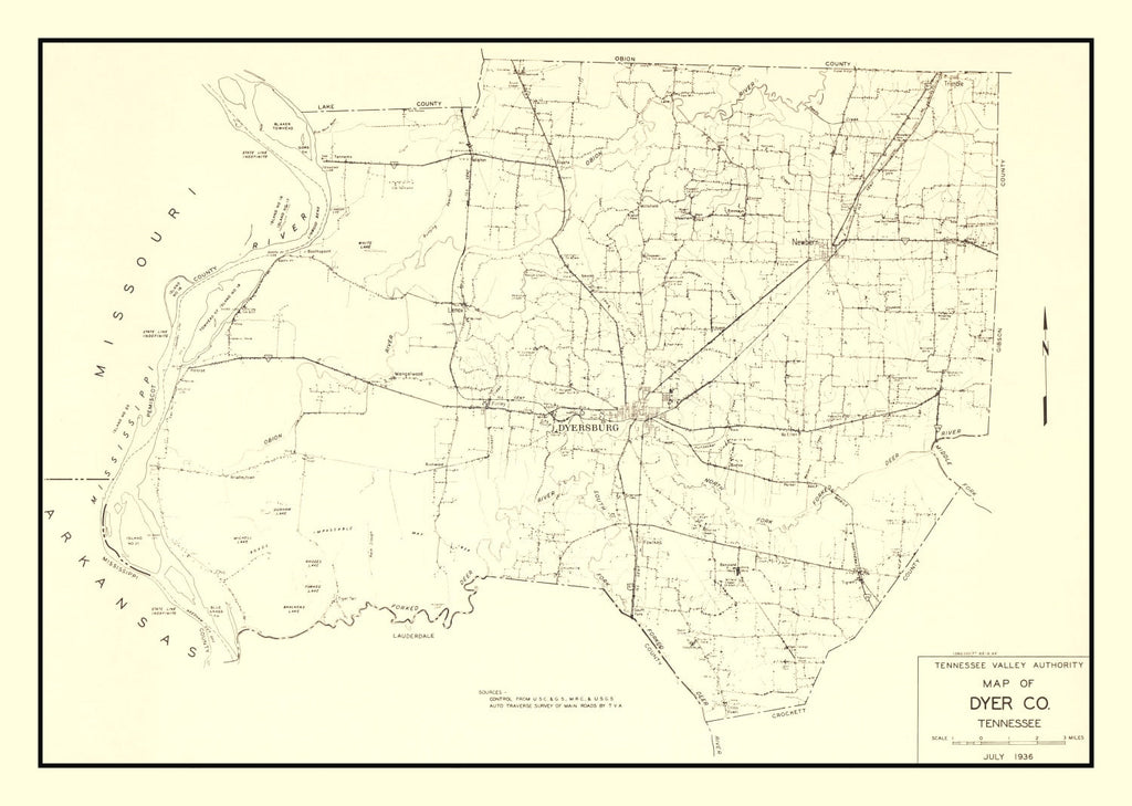 Vintage Map of Dyer County, Tennessee 1936
