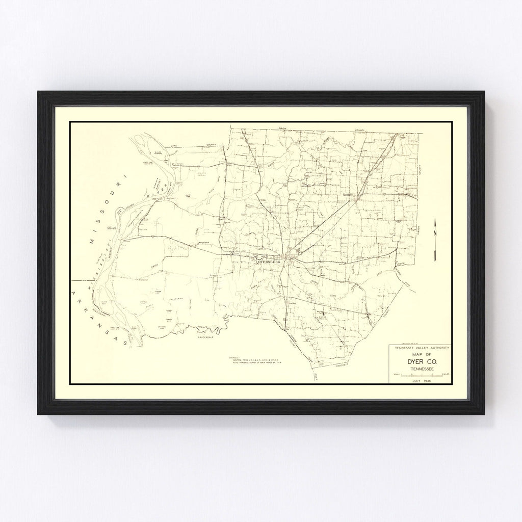 Vintage Map of Dyer County, Tennessee 1936