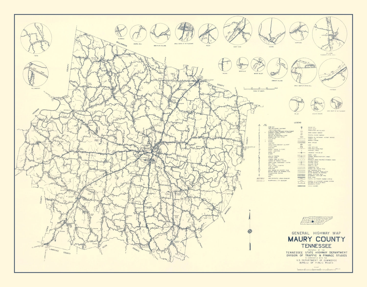 Vintage Map of Maury County, Tennessee 1951