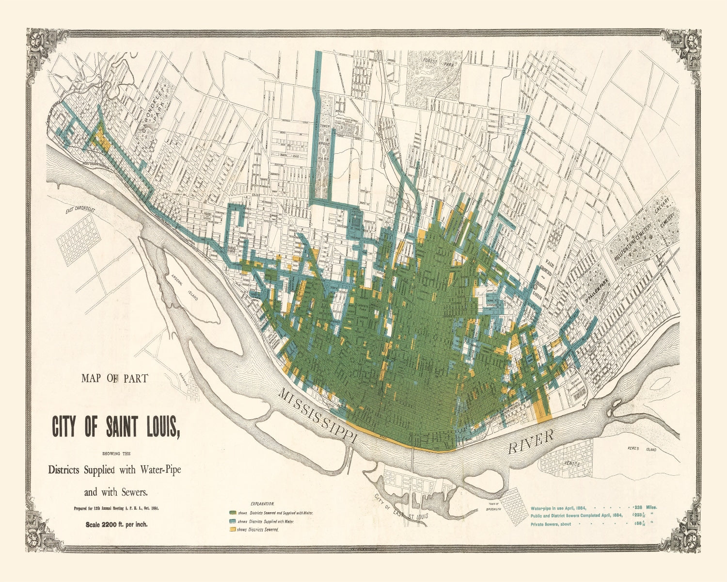 Vintage Map of Saint Louis, Missouri 1884