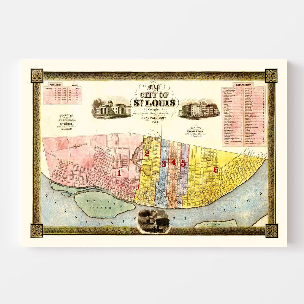 Vintage Map of Saint Louis, Missouri 1844