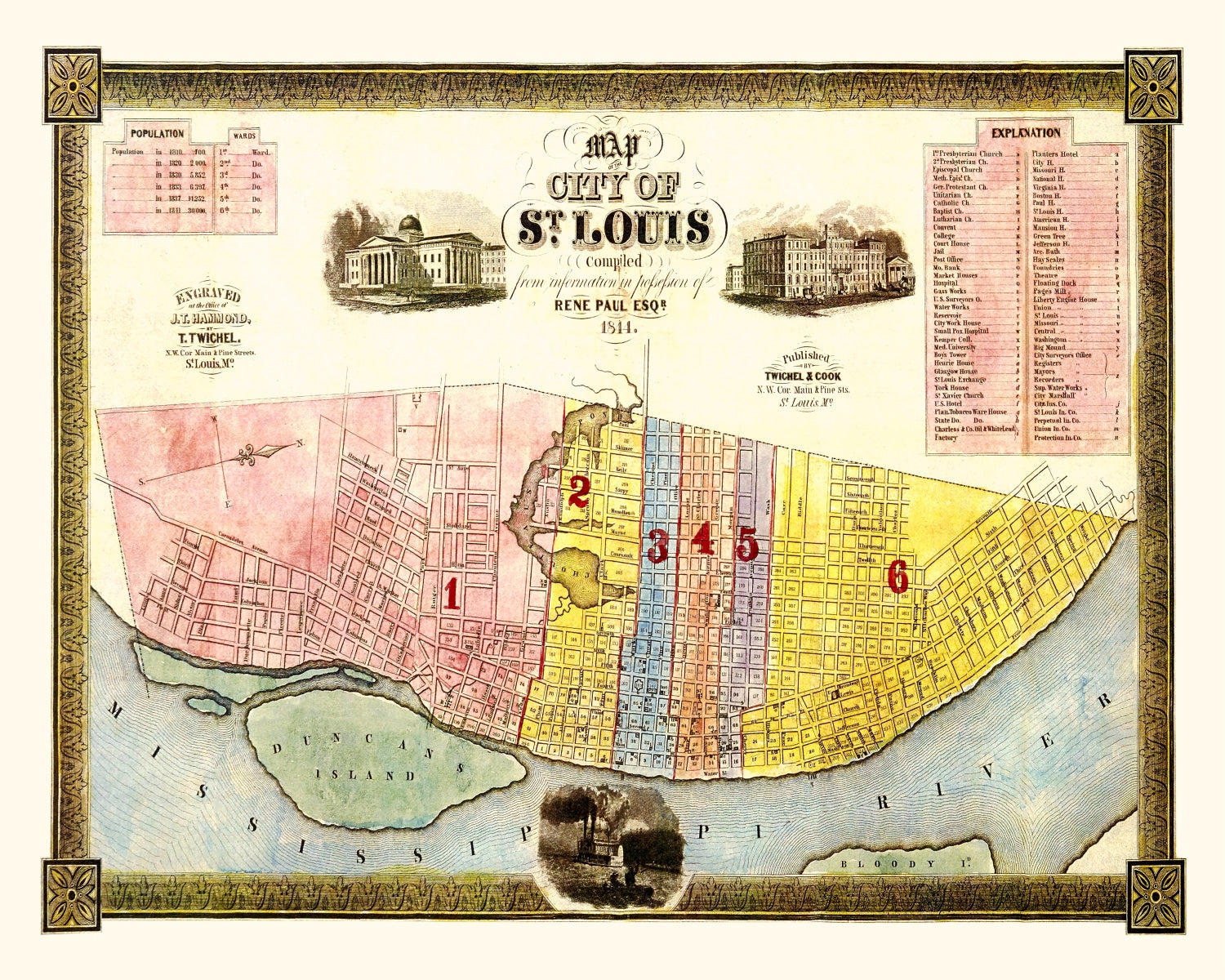 Vintage Map of Saint Louis, Missouri 1844