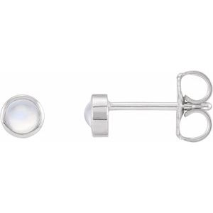14K White Gold Cabochon Natural Rainbow Moonstone Bezel-Set Solitaire Earrings