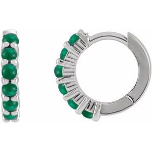 14K White Gold Natural Emerald Cabochon Hinged 12.2 mm Hoop Earring