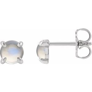 14K White Gold Natural Rainbow Moonstone Cabochon Stud Earrings