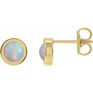 14K Yellow Gold Cabochon Natural White Opal Bezel-Set Solitaire Earrings