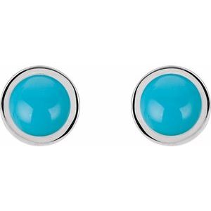 14K White Gold Cabochon Natural Turquoise Bezel-Set Solitaire Earrings – image 2