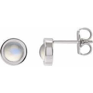 14K White Gold Cabochon Natural Rainbow Moonstone Bezel-Set Solitaire Earrings