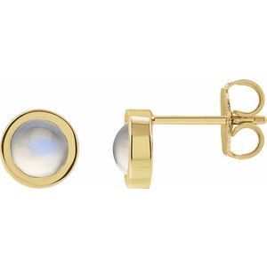 14K Yellow Gold Cabochon Natural Rainbow Moonstone Bezel-Set Solitaire Earrings