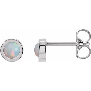 14K White Gold Cabochon Natural White Opal Bezel-Set Solitaire Earrings