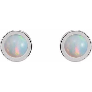 Platinum Cabochon Natural White Opal Bezel-Set Solitaire Earrings – image 2
