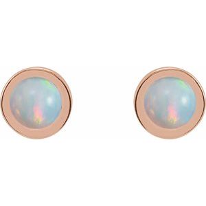 14K Rose Gold Cabochon Natural White Opal Bezel-Set Solitaire Earrings – image 2