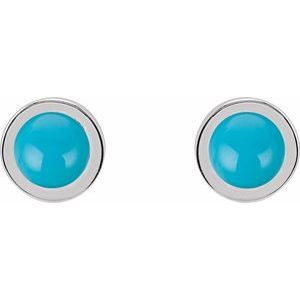 14K White Gold Cabochon Natural Turquoise Bezel-Set Solitaire Earrings – image 2