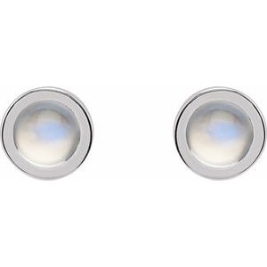 14K White Gold Cabochon Natural Rainbow Moonstone Bezel-Set Solitaire Earrings – image 2